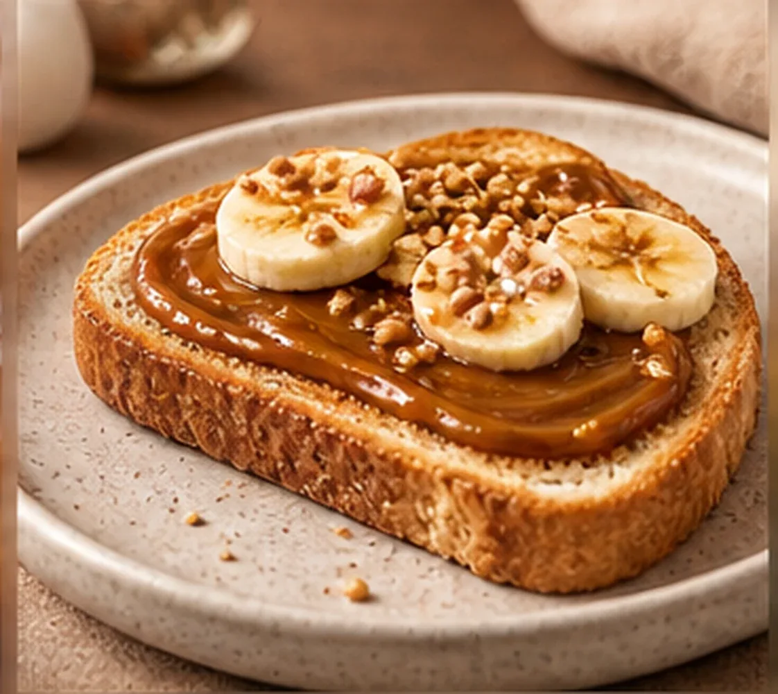 Toast topped with dulce de leche, banana slices and crunchy nuts