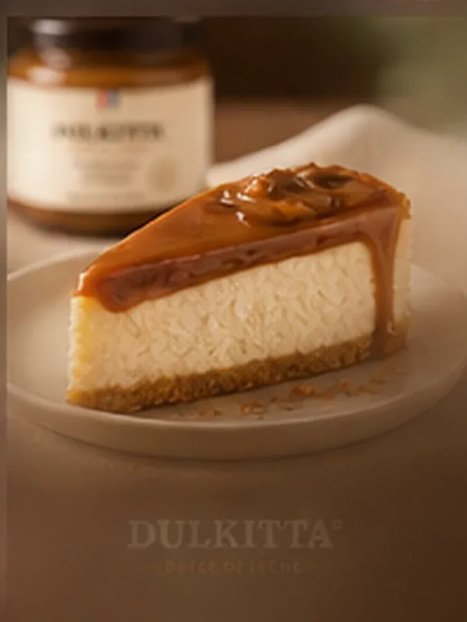 Slice of cheesecake with a glossy layer of dulce de leche on top