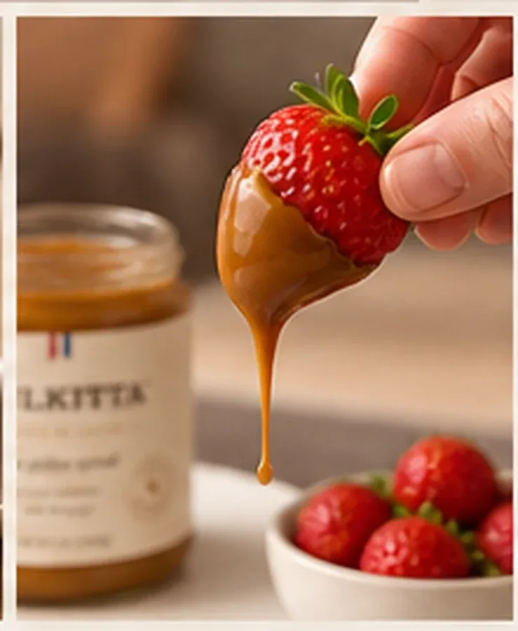 Fresh strawberry being dipped into a jar of dulce de leche