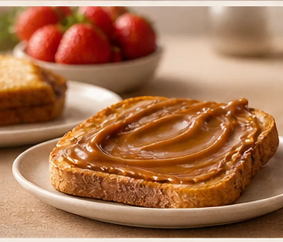 Thick swirl of dulce de leche on warm toast